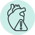 Icon of heart valve with warning sign symbol in front of it